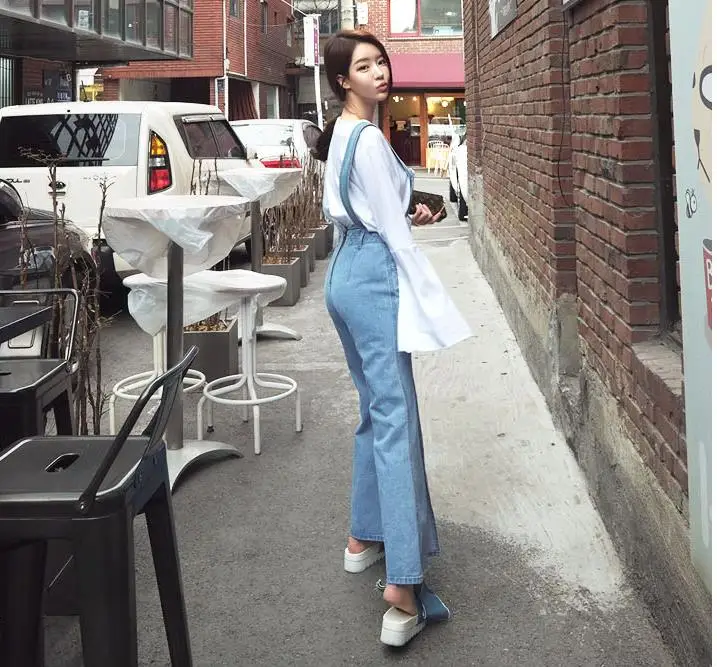 Женский джинсовый комбинезон с разрезами расклешенным низом 2019|denim jumpsuit|fashion