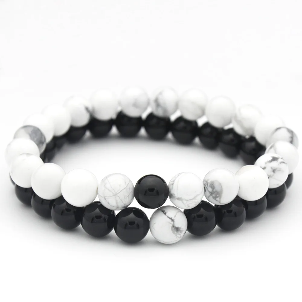 

1pc Couples Distance Strand Bracelet 8mm Natural Stone Matte Black Onyx White Howlite Stone Bracelets for Men Women Best Friend