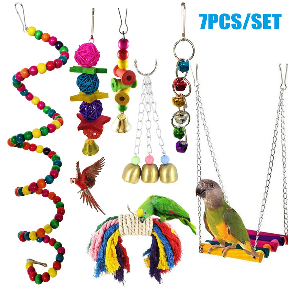 7 шт./компл. для птиц попугаев игрушки жевания висячий колокольчик клетка