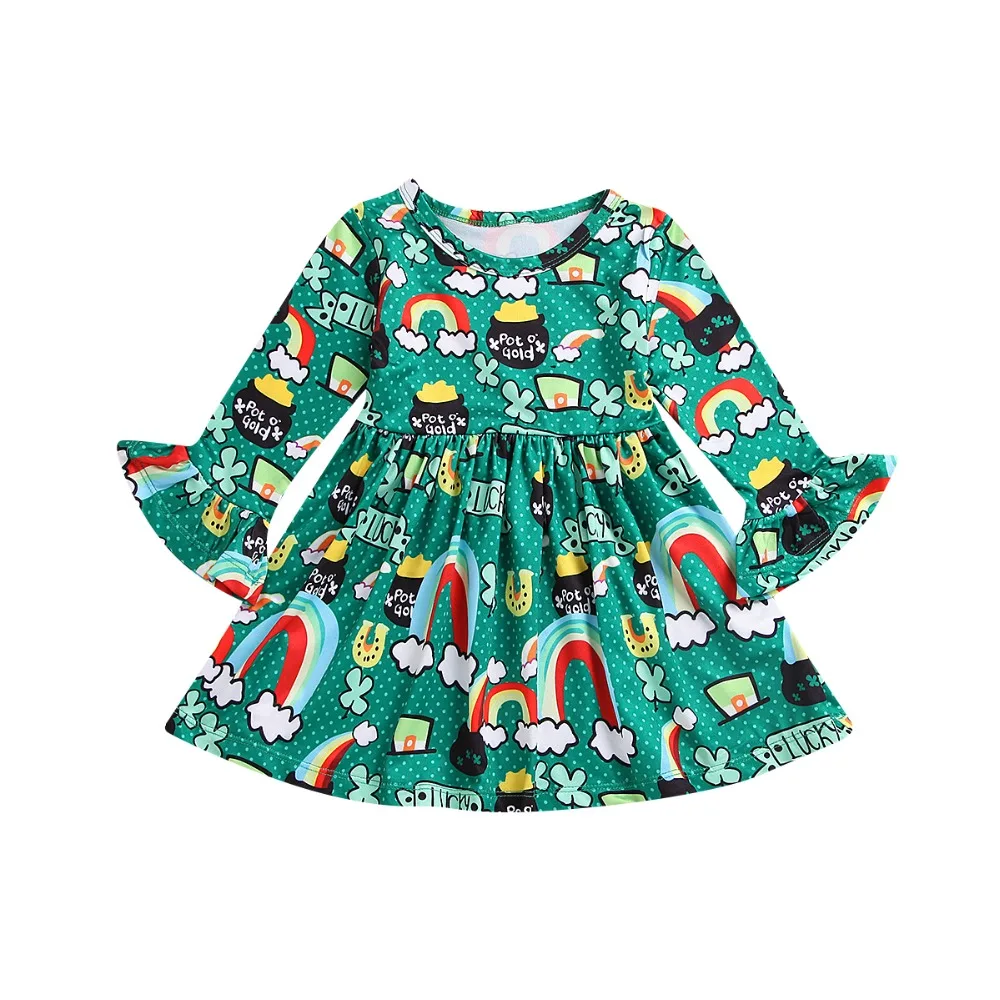 

Kid Baby Girl Cartoon Rainbow Dot Dress Green Dress Bebe Girl Long Sleeve Cute Clothes Outfit