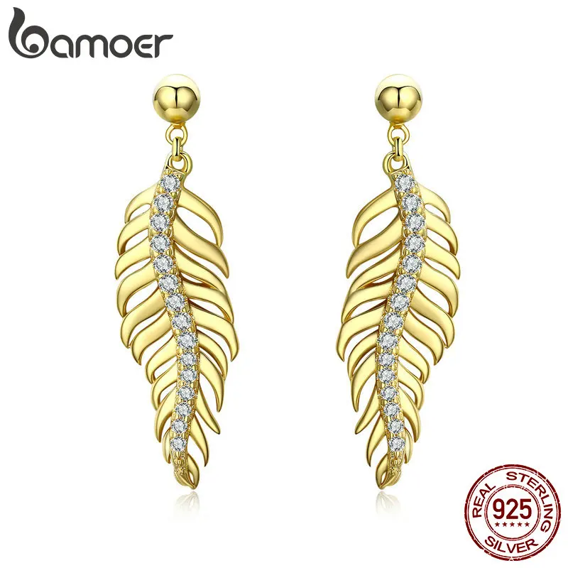 BAMOER, натуральная 925 пробы, серебряные, винтажные, с перьями, ослепительные, CZ, висячие серьги для женщин, для свадьбы, помолвки, ювелирные изделия, BSE021
