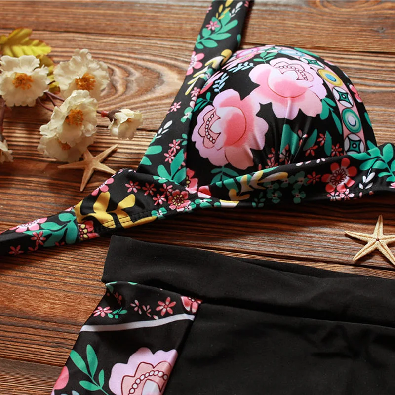 Vintage Womens High Waist Bikinis Swimsuit 2018 Halter Backless Push Up Biquini Swimwear Female Print Hot Beach Bathing Suit |