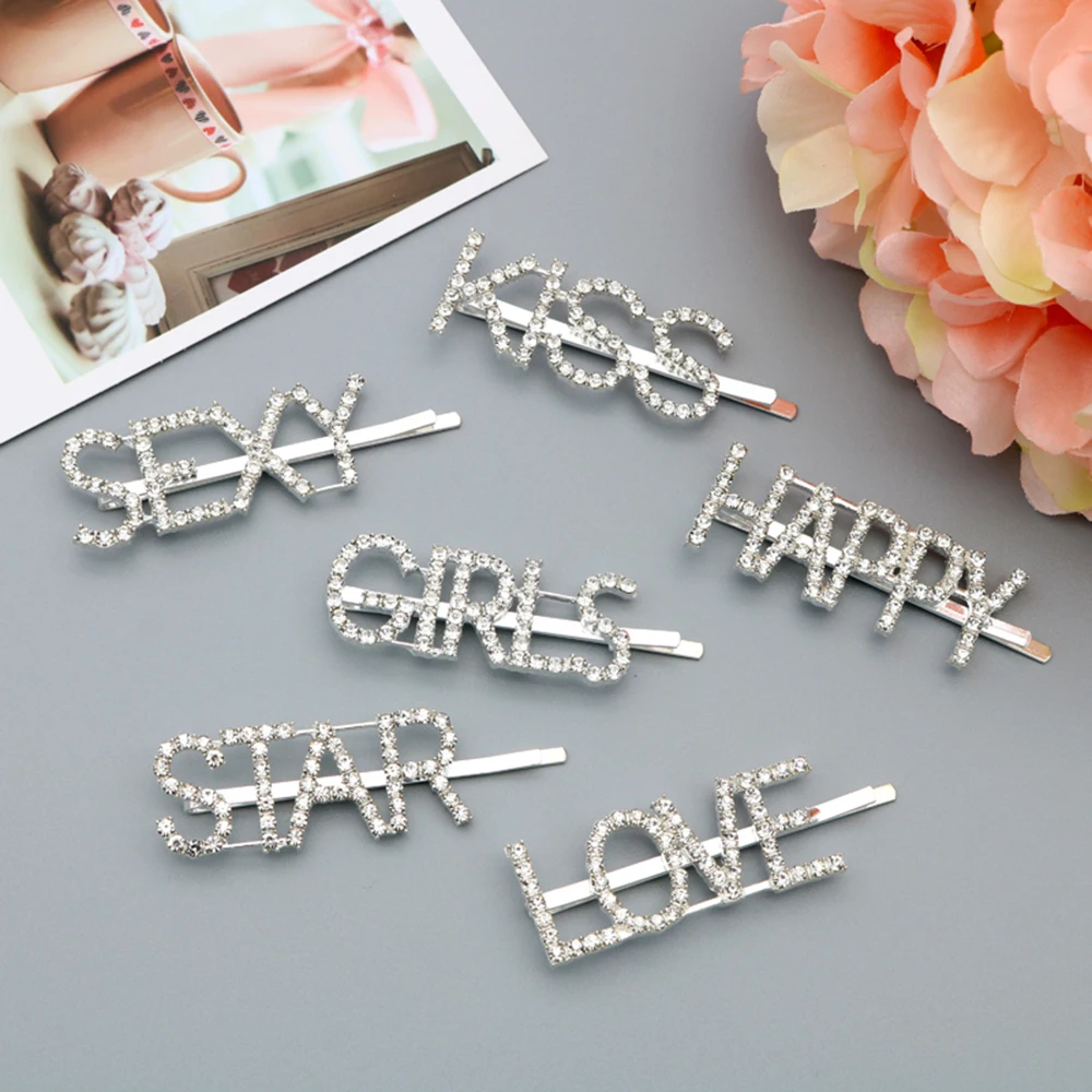 8 Styles Silver Diamond Rhinestone Letter Hair Clips Hairpin Bangs Clip Sweet Barrette Hairclips Hair Accessories