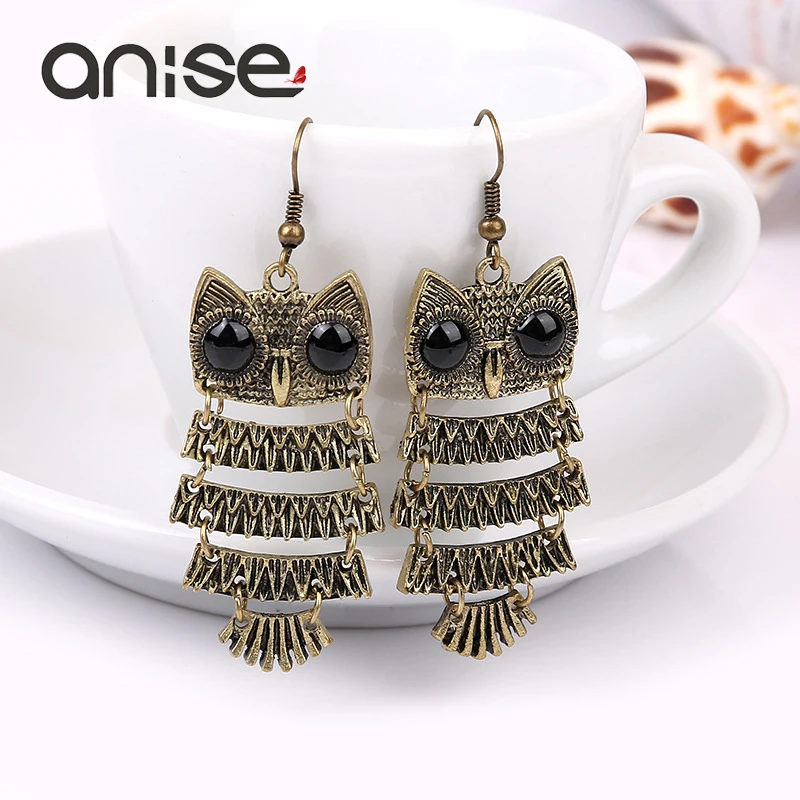 Женские винтажные этнические серьги-подвески в виде совы Anise бронзовая