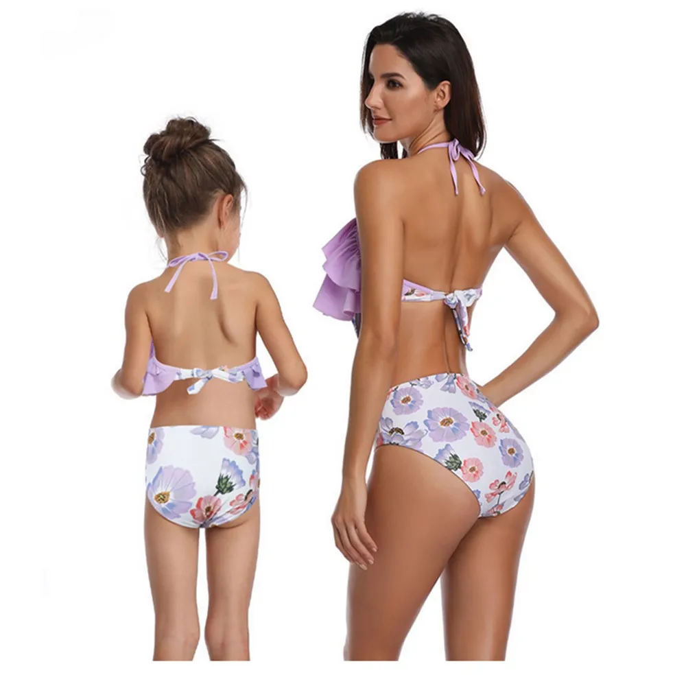 Мама-ребенок Купальник 2019 Женский Девочки Цветочная Печать Оборка Пляжная Одежда Без спины Купальный костюм бикини Новый.