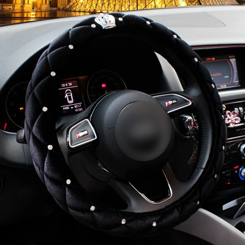 Steering wheel cover Плюшевый чехол для автокресла Корона алмаз Авто Интерьерная подушка аксессуары черный Универсальный Размер зимние чехлы для сидений автомобиля Стайлинг - Название цвета: Steering wheel cover