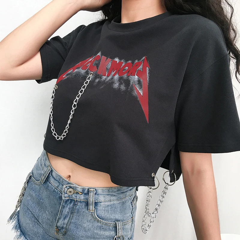 Rockmore серая свободная хлопковая Футболка с цепочкой для женщин с коротким рукавом Повседневная модная футболка с буквенным принтом женская летняя футболка для девочек
