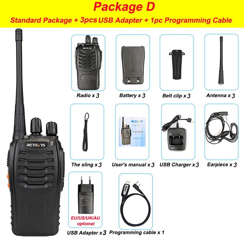 Package D 3 шт рация Retevis H777 16CH UHF 400-470MHz Ham радио HF трансивер 2 способа радио коммуникатор удобный A9104 - Цвет: Package D