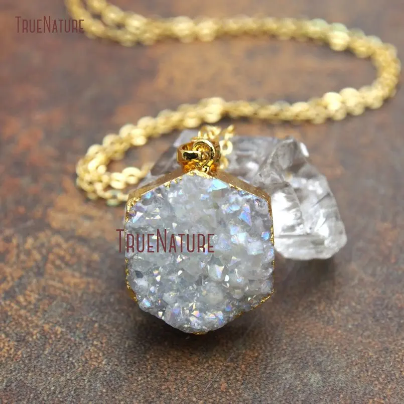 

Natural Druzy Crystal White Charm Simple Design Women Chains Hexagon Shape Pendant Necklace In 18 inch NM11227