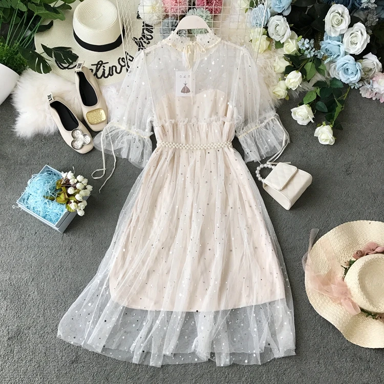 Женское кружевное платье ALPHALMODA блестящее с бисером и поясом на лето 2019|Женские