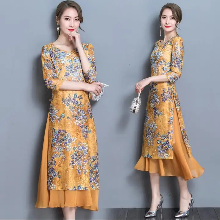 2018 новый синий стиль ao dai современное китайское традиционное платье Винтаж Ципао