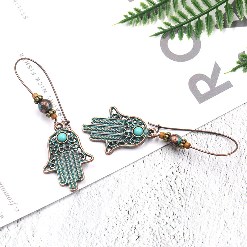 Женские винтажные серьги-подвески Hamsa из зеленой бронзы и латуни с натуральным