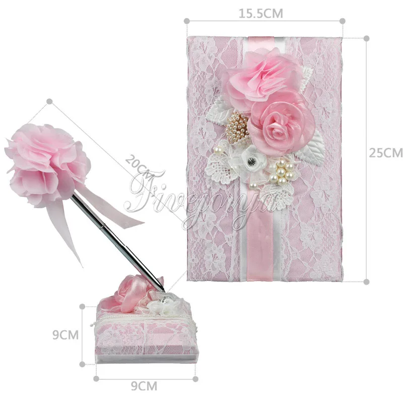 

3Colors Wedding Signature Guest Book+Pen Stand Set with Satin Bows Lace Pearls Flowers for Ceremony Party Supplies Wholesales