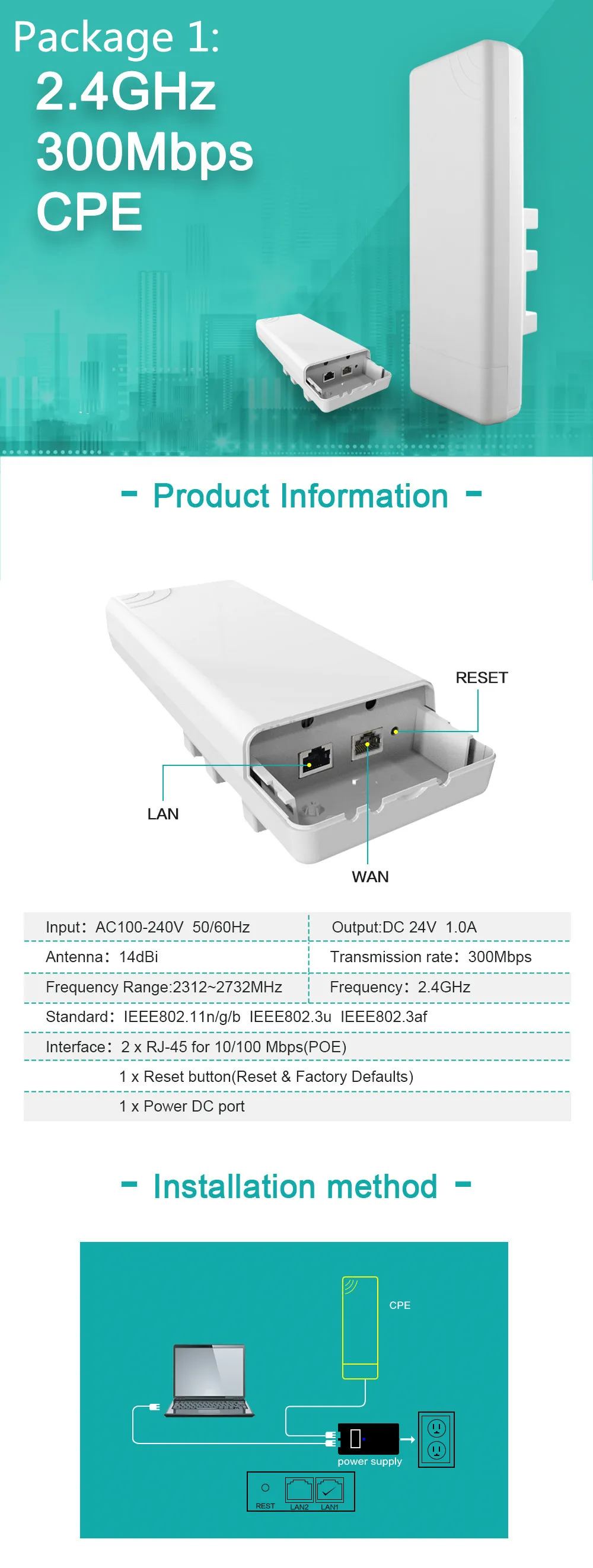 ANDDEAR-365 чипсет wifi маршрутизатор wifi repetidor gama larga 300 Мбит/с 2,4 маршрутизатор AP al aire libre CPE AP puente маршрутизатор cliente