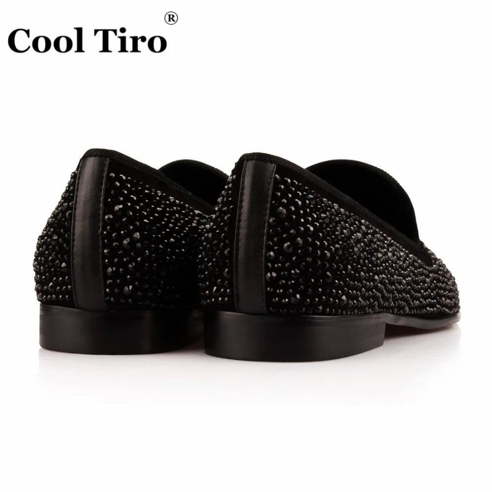 COOL TIRO Black Rhinestones Strass Loafers Men Moccasins SmokingSlippers Wedding Dress Shoes flats Casual Genuine Leather | Обувь