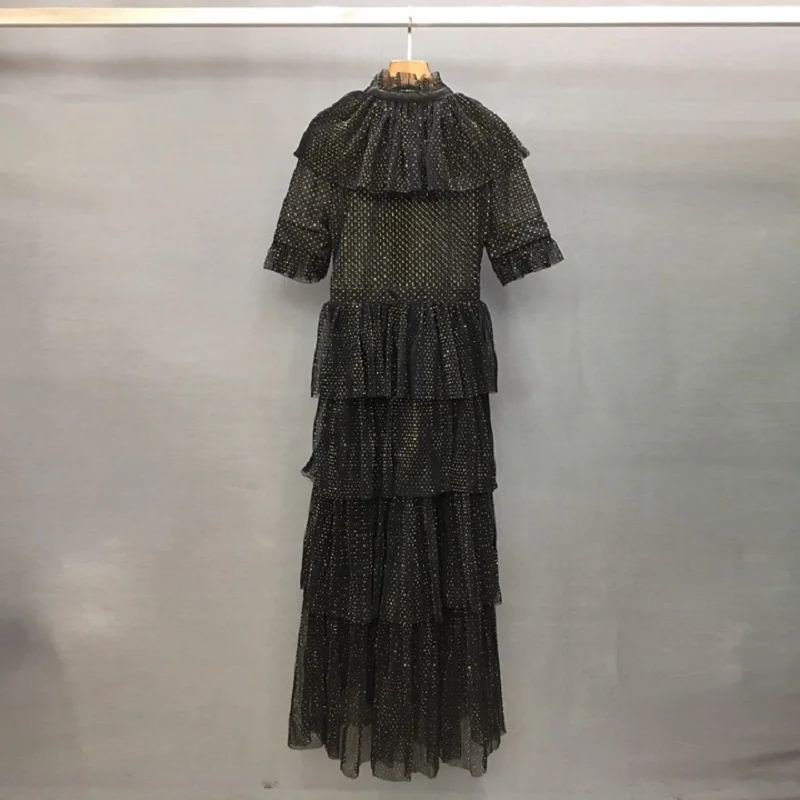

Top Quality New 2019 Summer Long Evening Vestidos Women Golden Dot Mesh Short Sleeve Cascading Ruffle Long Party Events Dresses