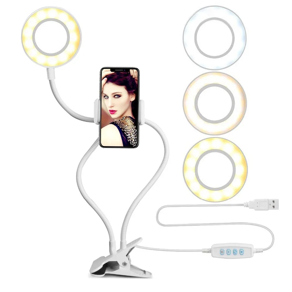 Ahsanks USB LED Selfie Ring Dimmable. Светодиодное селфи-кольцо с регулятором мощности и держателем для Iphone 7plus, 8, X и Android