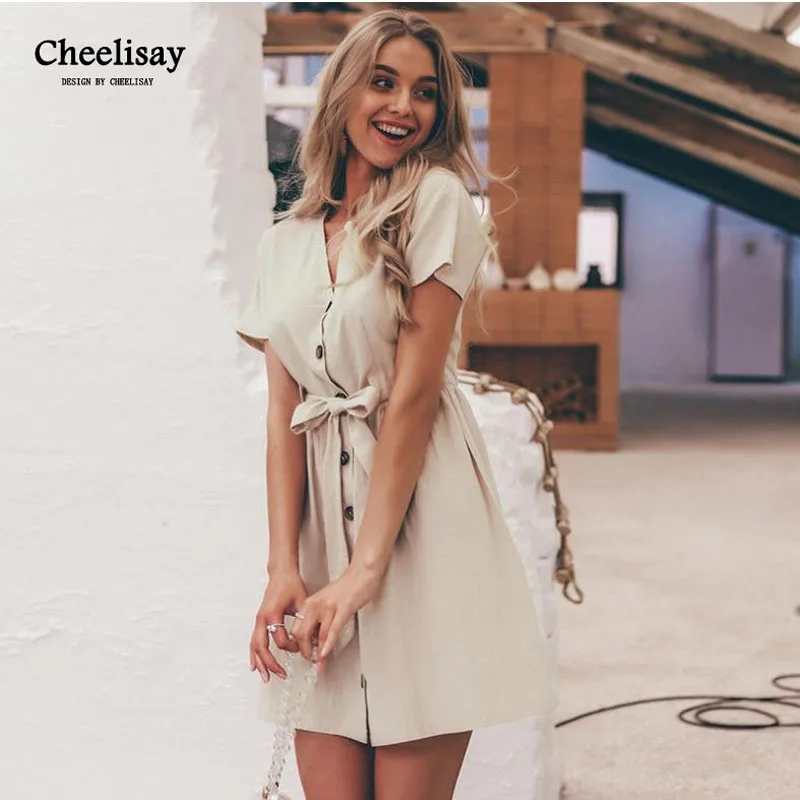 Женское винтажное платье рубашка на пуговицах хлопковое льняное короткое с V