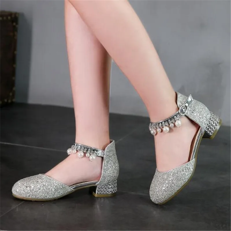 

New Spring/Summer Girls Shoes Children Pearl pendant Crystal Performance Princess Baby Leather Shoes Kids Student High-heeled 02