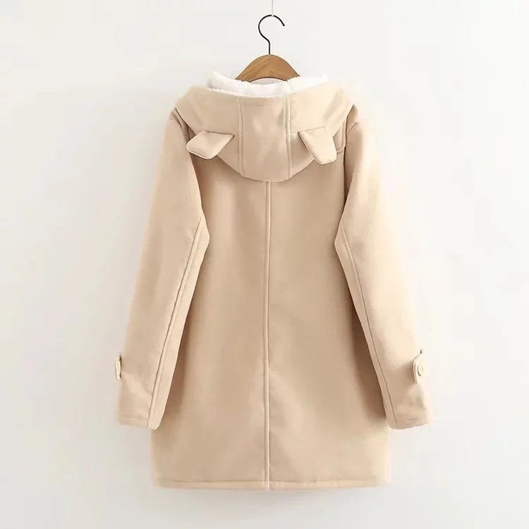 Женское шерстяное пальто зимнее теплое с капюшоном и длинными рукавами