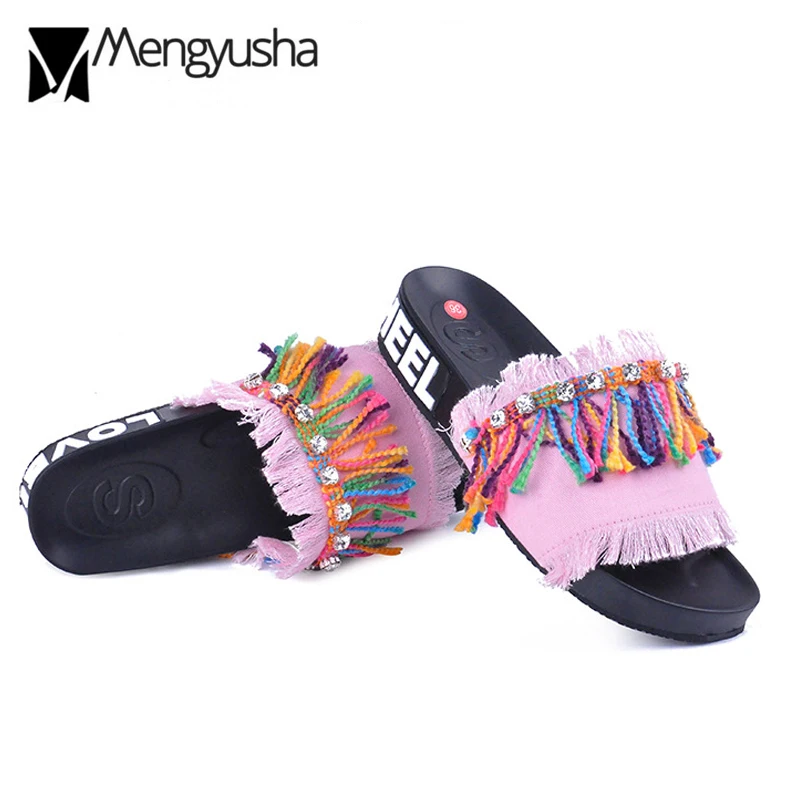Красочные с бахромой джинсовые сандалии женские Вьетнамки кристаллами и бисером