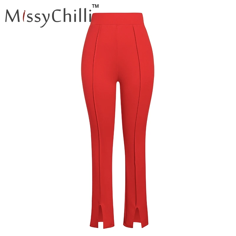 Красный MissyChilli Высокая талия хаки однотонные повседневные брюки женские облегающие Сплит Модные брюки женские черные элегантные офисные вечерние штаны - Цвет: Красный