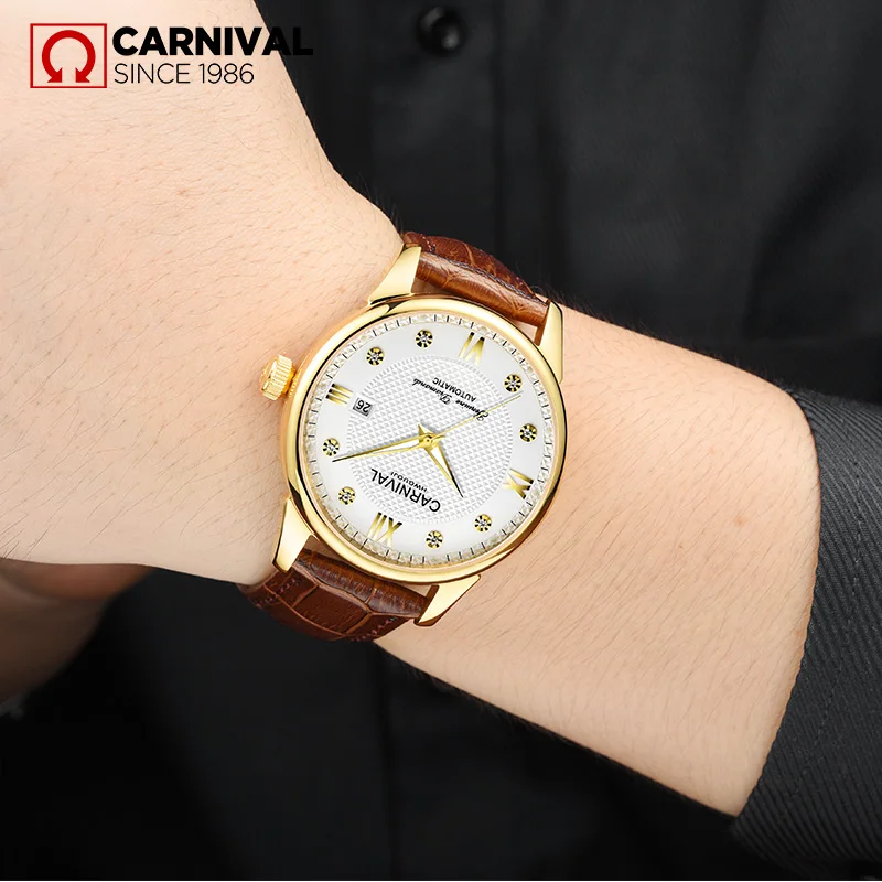 

TopBrand CARNIVAL Classic Gold-Plated Bezel Men Watches Luxury Business Casual Waterproof Automatic Mechanical relogio Montre