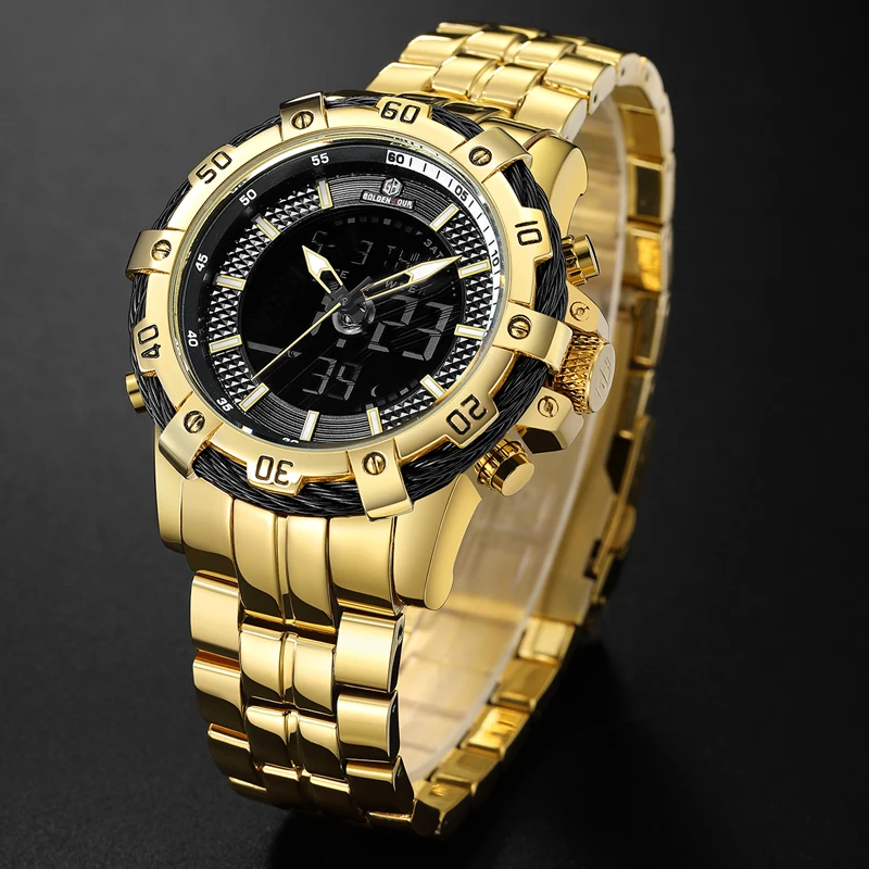 Reloj Hombre GOLDENHOUR золотые мужские часы спортивные водонепроницаемые цифровые