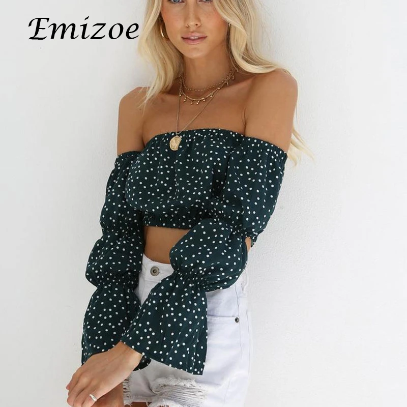 Emizoe 2018 летнее платье в горошек с принтом женские блузки рубашки открытыми