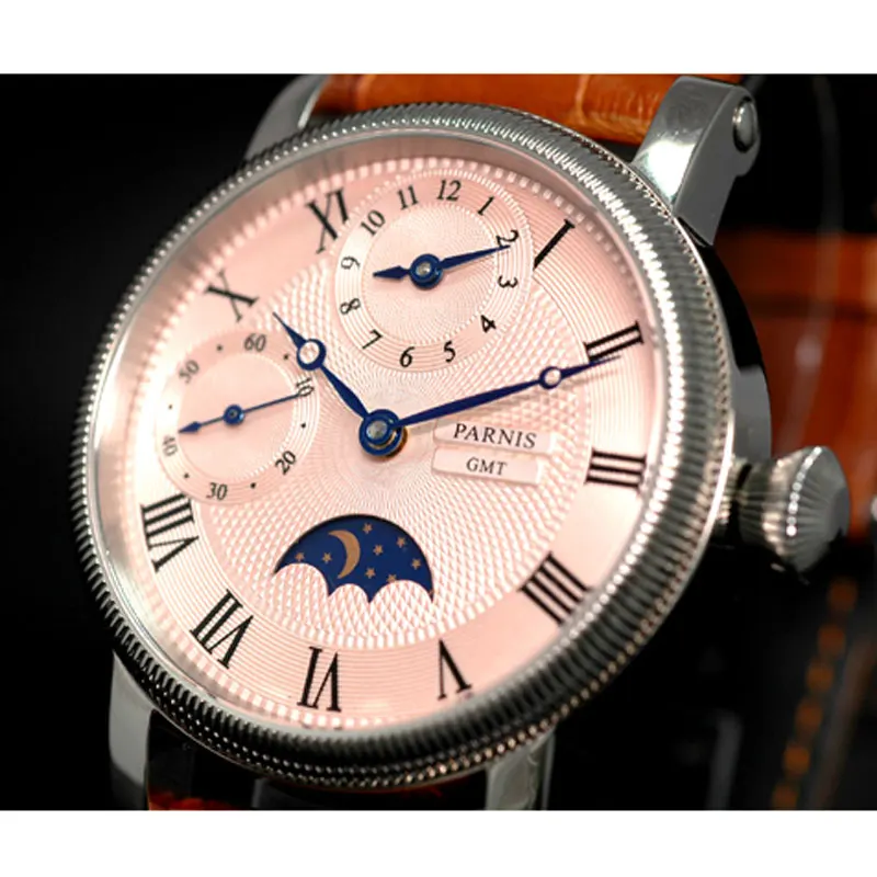 42 мм parnis розовый циферблат SS чехол gmt Moon Phase кожаный ремешок с ручным заводом