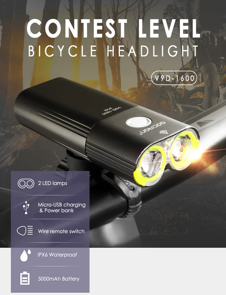 Gaciron 1600 Lm Bicycle Front Torch USB Rechargeable MTB Handlebar Flashlight Waterproof Road Bike Cycling Power Bank Head Light