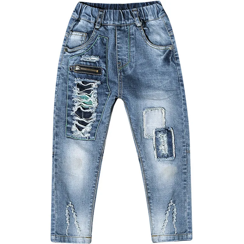 Детская одежда весенне-осенние рваные джинсы для мальчиков узкие брюки Детские