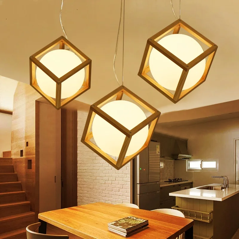 

Led Japan simple restaurant ball pendant lights creative wooden Club house lamp living room logs geometric pendant lamp LU71112