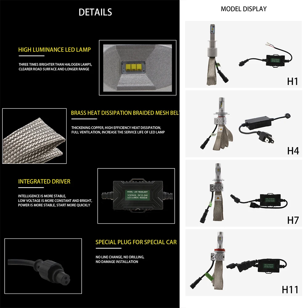 1 комплект головной светильник H1 H3 H4 H7 H8 H11 9005 9006 40 Вт 5S 4000LM 6000K 340W 9 32 в пост 60