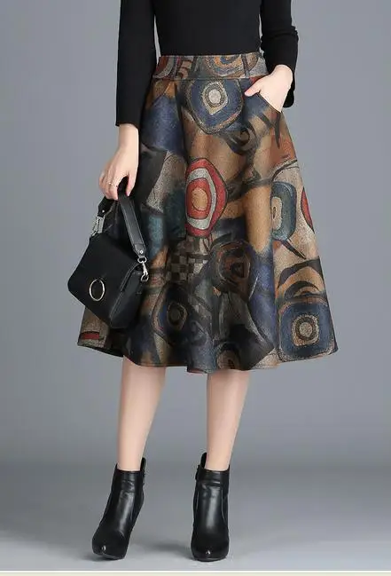Женская осенне-зимняя шерстяная юбка А-силуэта с принтом | одежда