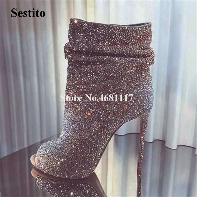 

Женские полусапожки на высоком каблуке Bling Стразы, роскошные полусапожки с открытым носком, на тонком каблуке, без застежки, золотые, серебр...