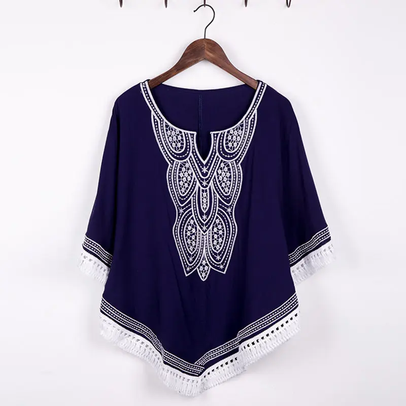 

2021 Vintage Mexican Ethnic Floral Hippie Loose Shirt Boho Tops Cotton Batwing Short Sleeve Women Embroidery Reteo Blouse Femme