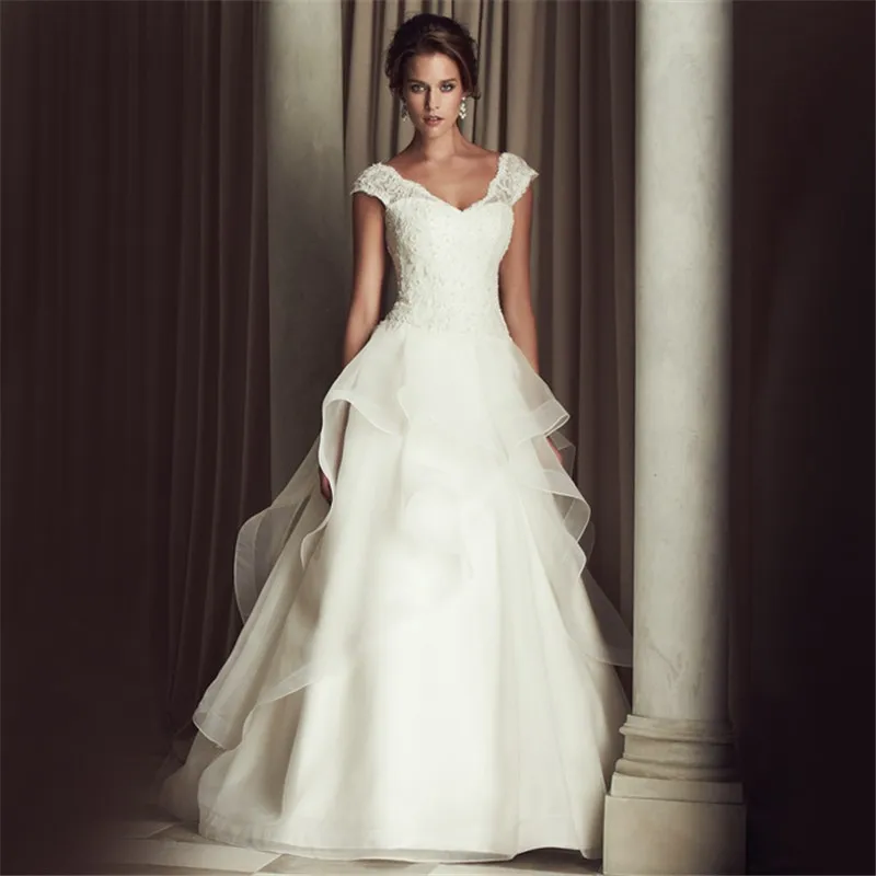 Халат Де Mariage Новый Cap Рукава Line Органзы Vestidos De Noiva Милая Часовня Поезд Аппликации
