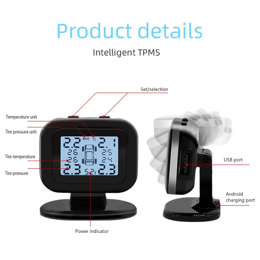 Vehemo 5 в ЖК-дисплей TPMS монитор давления в шинах Универсальный Tmps цифровой USB солнечная зарядка внешний внутренний датчик система мониторинга