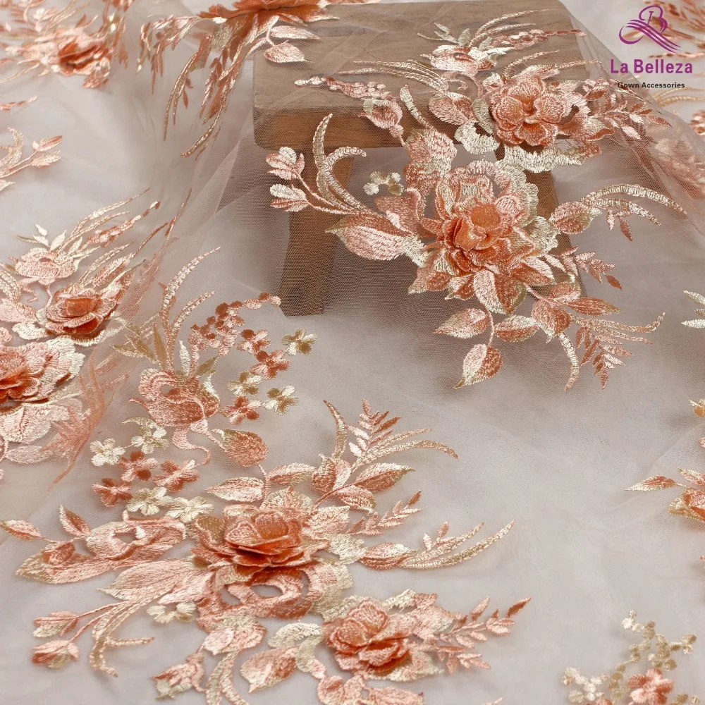 Кружевная ткань La Beauty нового дизайна оранжевая кружевная с 3D цветами розовая