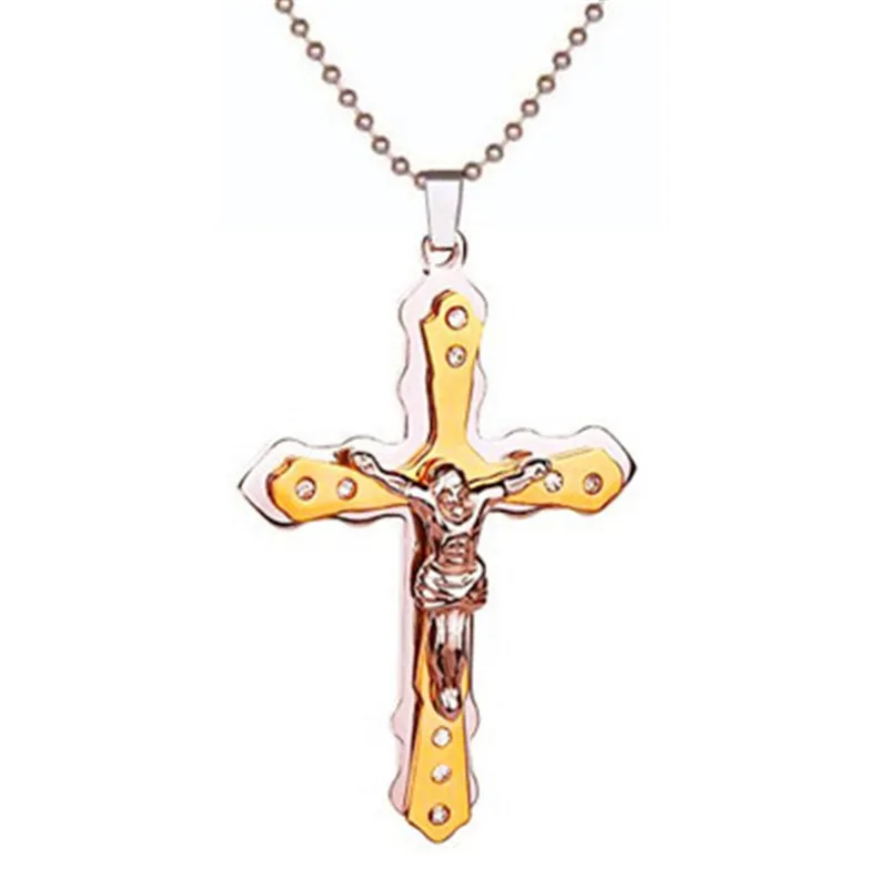 

Men Necklace Chain Christian Jewelry Gifts Vintage Double Layer Cross Jesus Piece Rhinestone Pendant Necklace Gold Black Color