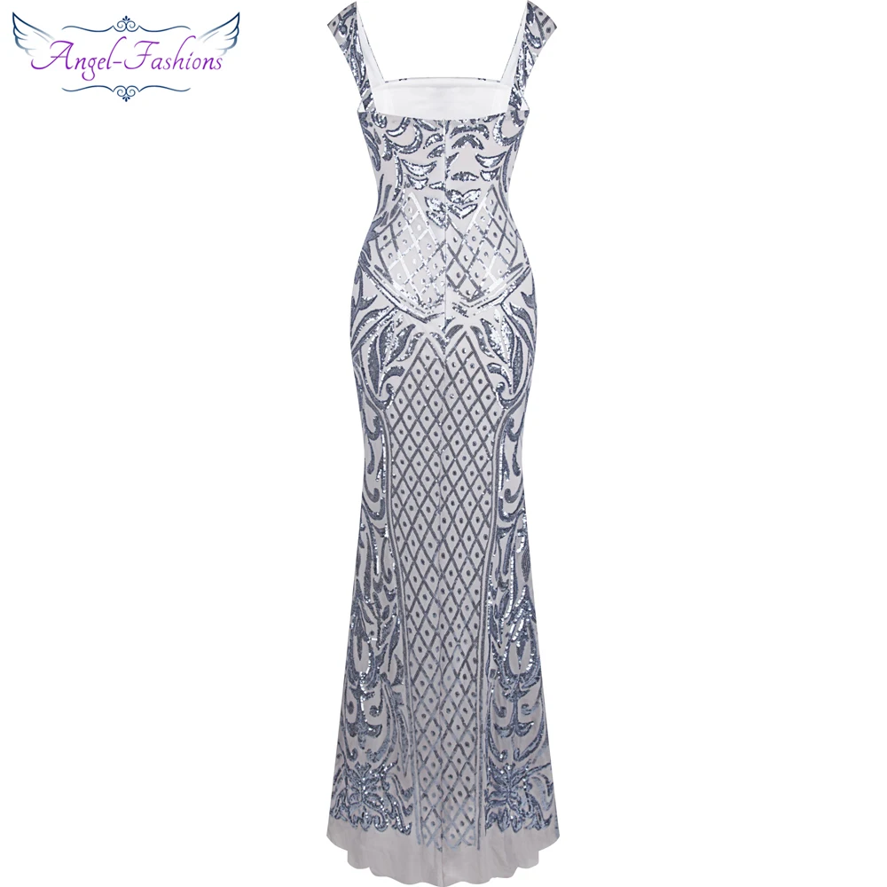 Angel Fashion Винтаж Гэтсби Хлопушка блесток Русалка длинное вечернее платье Серебро