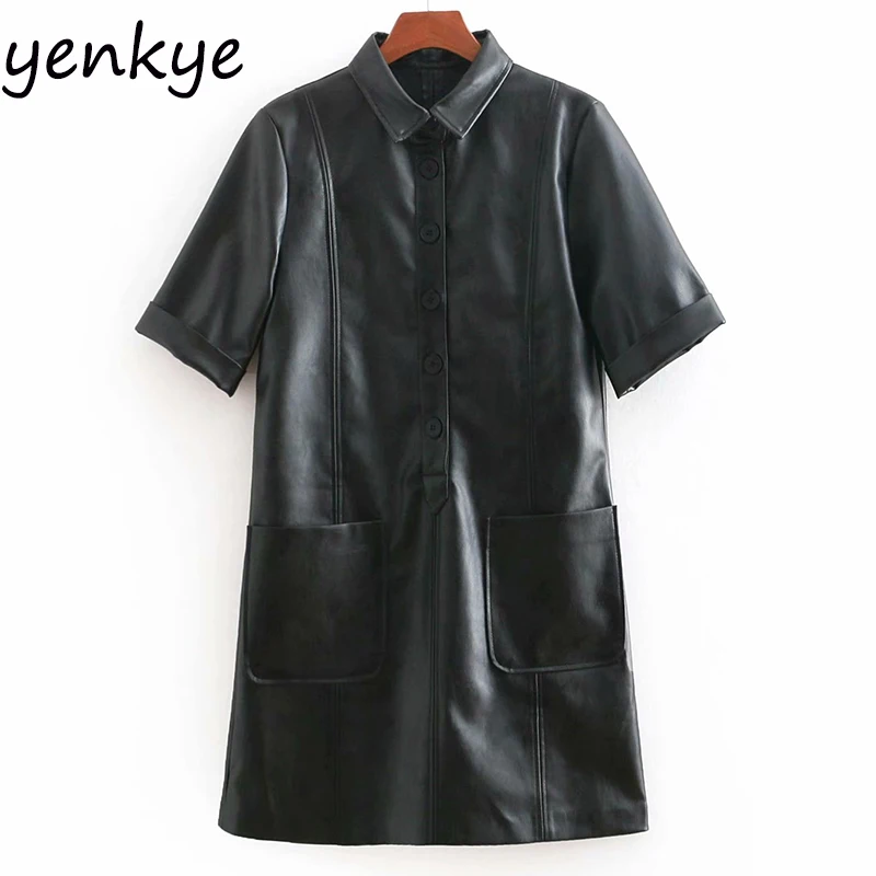 Модное женское винтажное черное платье из искусственной кожи с отложным