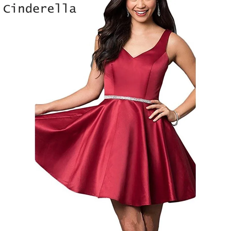 

Cinderella Sexy Cute V-Neck Sleeeveless Zipper Back Crystal Satin Short Mini Homecoming Dresses vestidos de fiesta de noche