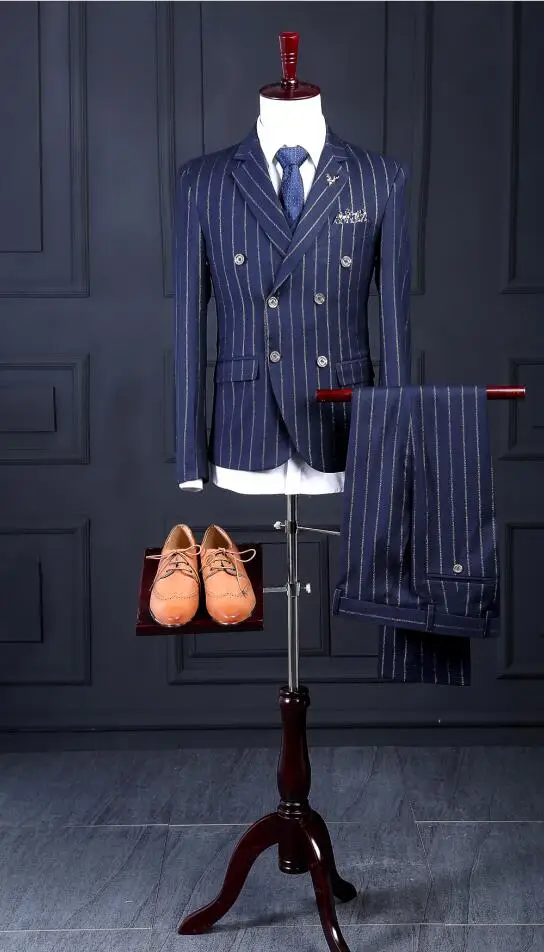 

2017 Latest Coat Pant Designs Navy Blue Stripes Men Suit Slim Fit Skinny 3 Piece Suits Prom Tuxedo Custom Groom Blazer Masculino