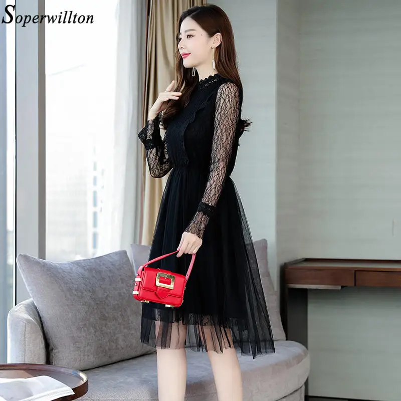 Женское кружевное ажурное платье элегантное офисное черное с длинным