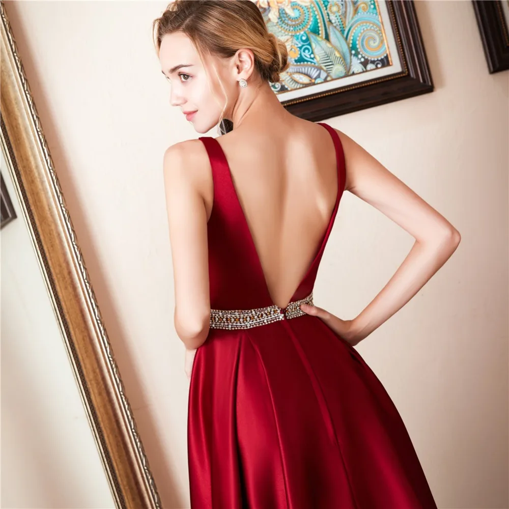 

Elegant Prom Dresses 2021 Sexy V Neck Backless Satin Formal Evening Dress Party Gown Luxury Beaded A Line Long Prom Dress