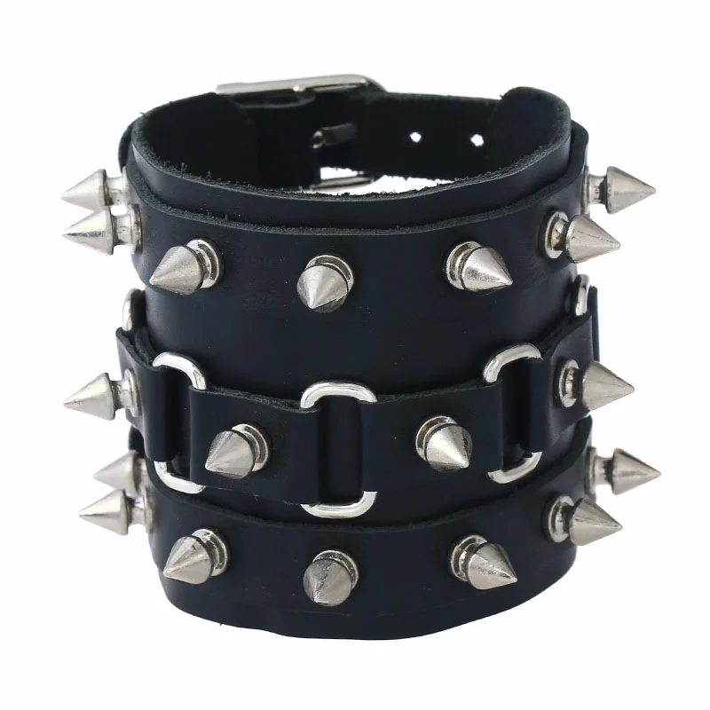 

Punk Gothic Rock Metal Cuspidal Spikes Rivet Cone Stud Cuff Bracelet Wide Leather Unisex Bangle Wrap Wristbands Cool Men Jewelry