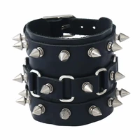 punk gothic rock metal cuspidal spikes rivet cone stud cuff bracelet wide leather unisex bangle wrap wristbands cool men jewelry