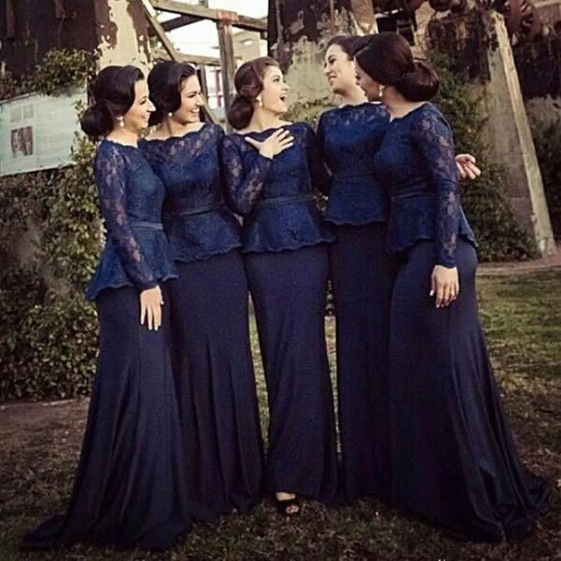 Темно-синее длинное платье vestido longo с длинным рукавом длиной до пола подружки